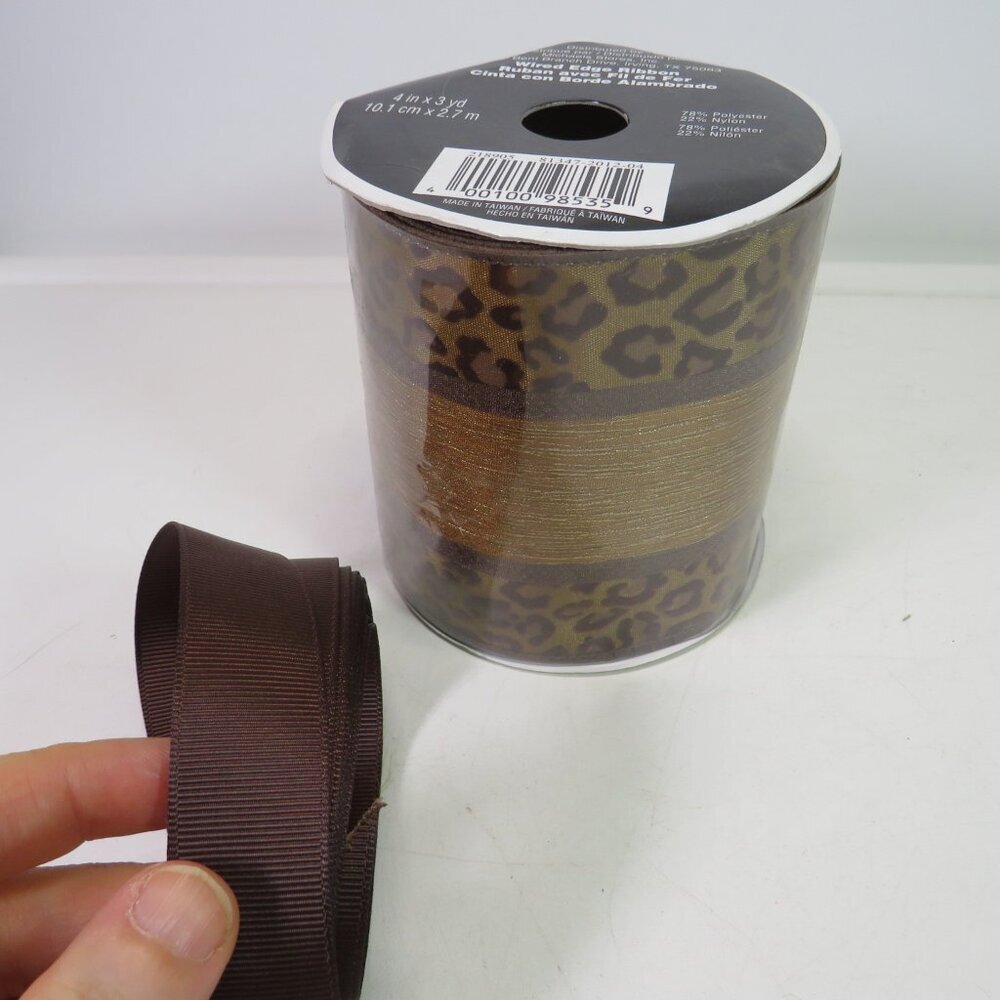 Animal Print Brown & Gold Wired Ribbon new and Brown Grosgrain Ribbon 86" long